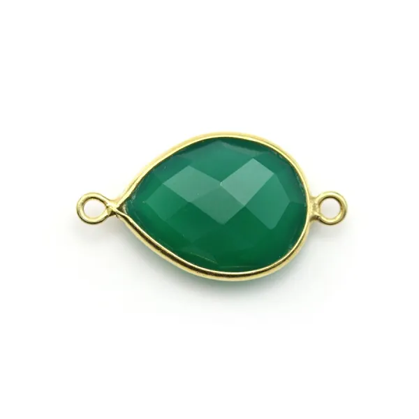 Ágata verde gota facetada con 2 anillos de plata 925 dorada en oro fino 13x23mm x 1pc