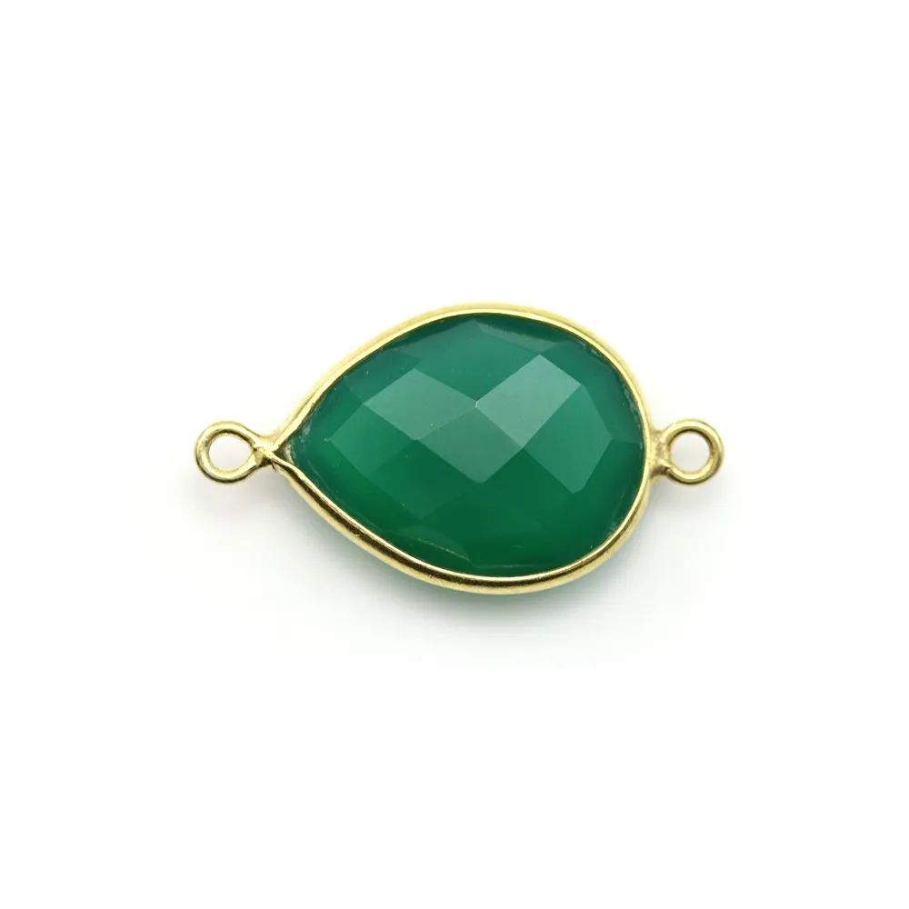 Agate verte goutte facettée à 2 anneaux argent 925 doré 13x17mm x 1pc