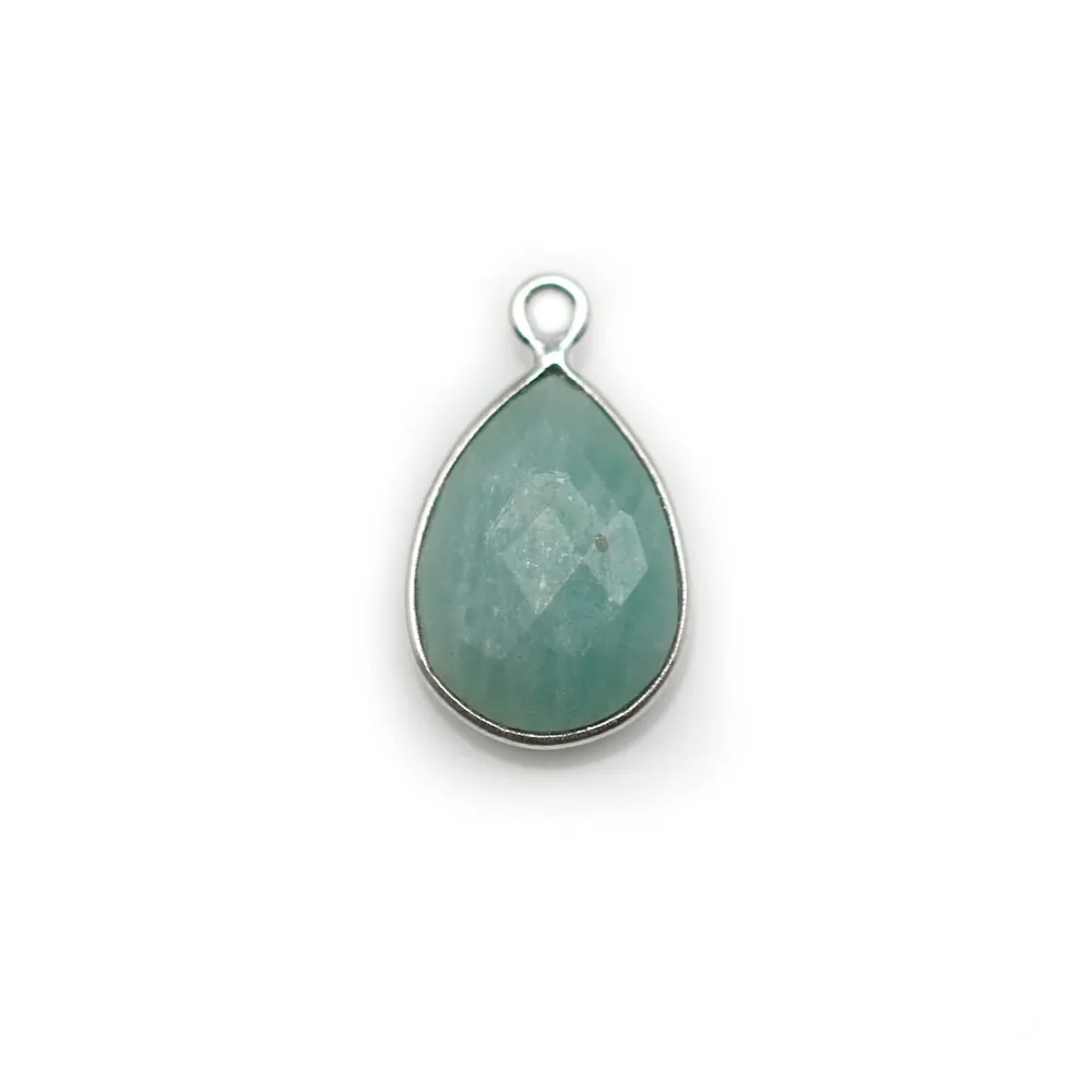 Amazonite goutte  facettée sertie sur argent 11x15mm, un anneau x 1pc