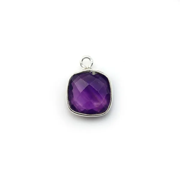Faceted cushion cut amethyst set in silver 11mm, 1 ring x 1pc