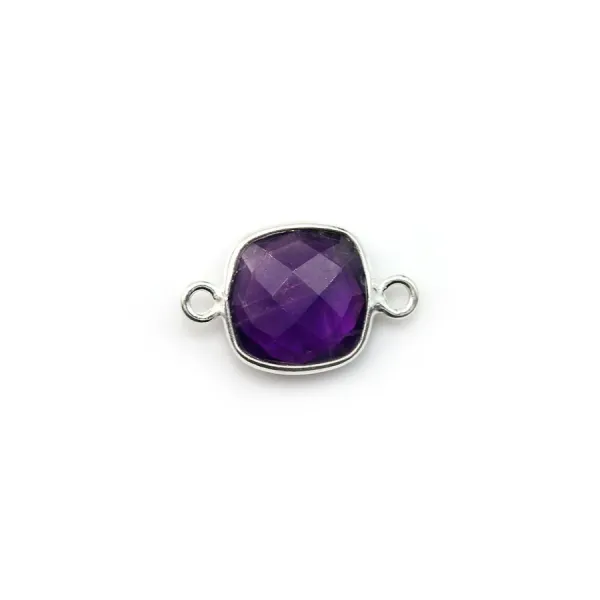 Améthyste coussin facetté sertie sur argent 2 anneaux 9mm x 1pc