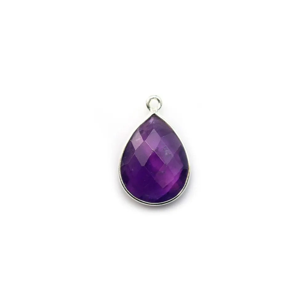 Faceted drop-shape amethyst set in silver 11x15mm, 1 ring x 1pc