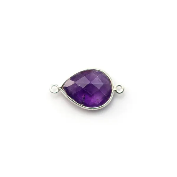 Faceted drop-shape amethyst set in silver with 2 rings 11x15mm x1pc
