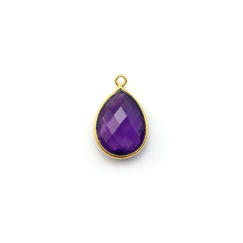 Faceted drop-shape amethyst set in gold-plated silver 11x15mm x 1pc