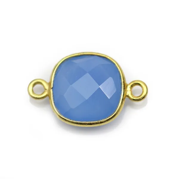 Calcédoine bleu coussin facetté sertie sur argent 925 doré à l'or fin 2 anneaux 11mm x 1pc