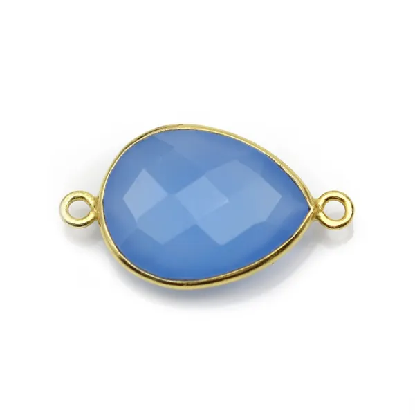 Calcédoine bleu goutte facettée sertie sur argent doré 2 anneaux 13x17mm x 1pc