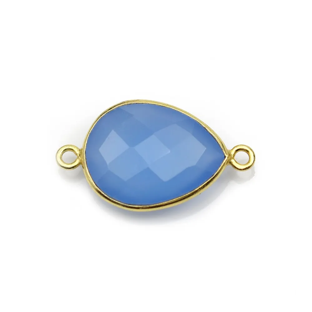 Calcédoine bleu goutte facettée sertie sur argent doré 2 anneaux 13x17mm x 1pc