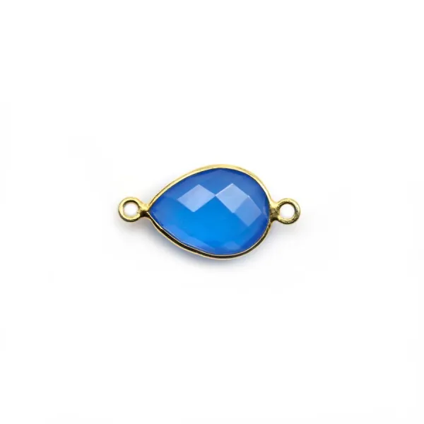 Calcédoine bleu goutte facettée sertie sur argent doré 2 anneaux 11x15mm x 1pc
