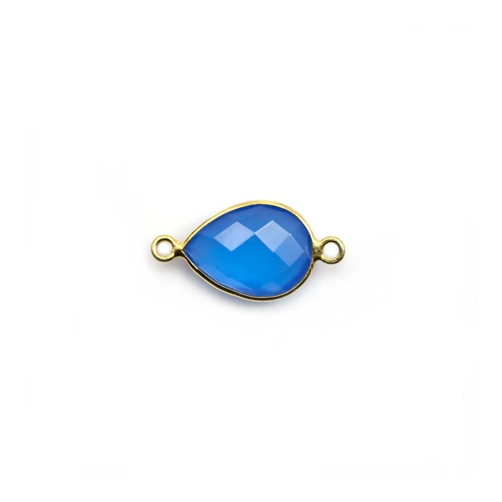 Calcédoine bleu goutte facettée sertie sur argent 925 doré à l'or fin 2 anneaux 11x15mm x 1pc