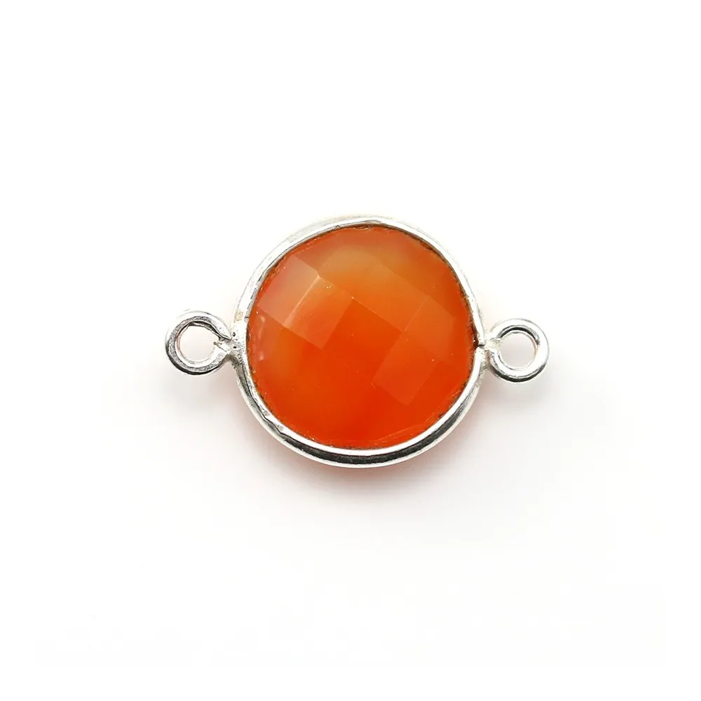 Cornaline ronde facettée sertie sur argent 925 2 anneaux 11mm x 1pc