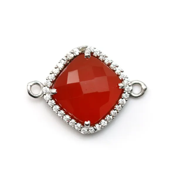 Cornaline rhombe serti en argent 925 avec zirconium 15mm x 1pc