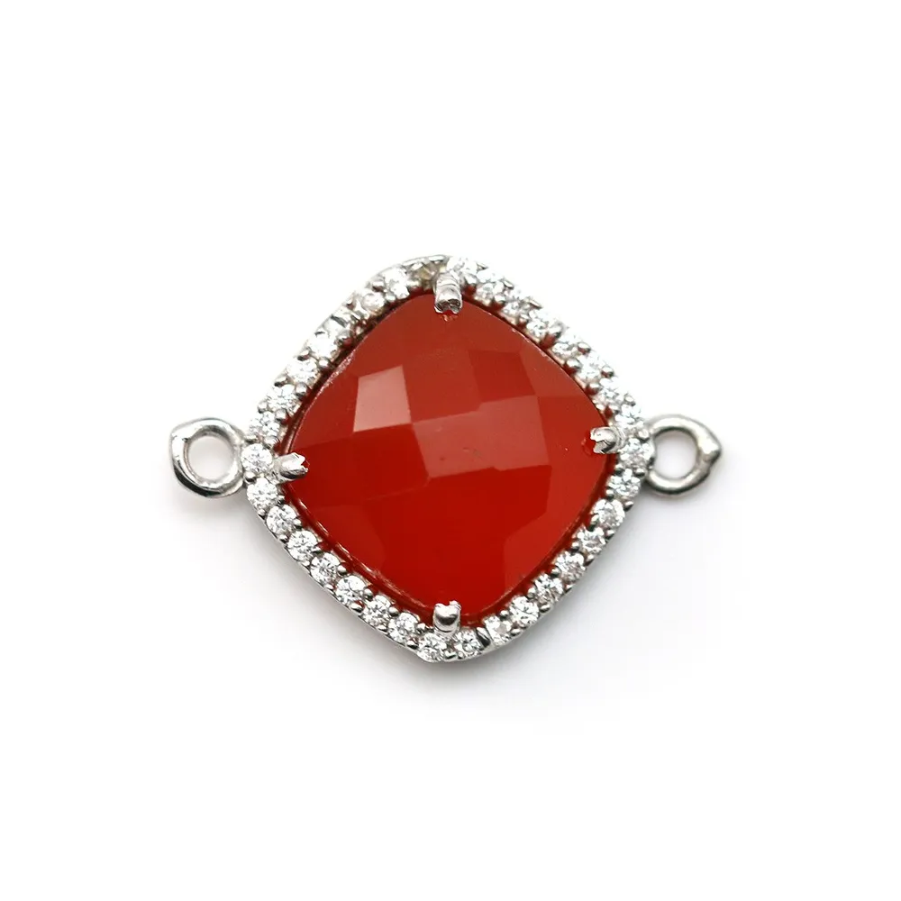 Cornaline rhombe serti en argent 925 avec zirconium 15mm x 1pc