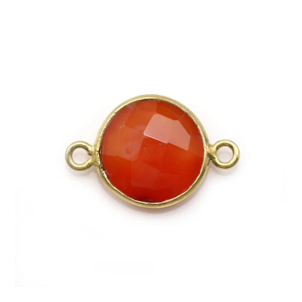 Cornaline ronde facettée sertie sur argent doré 2 anneaux 11mm x 1pc