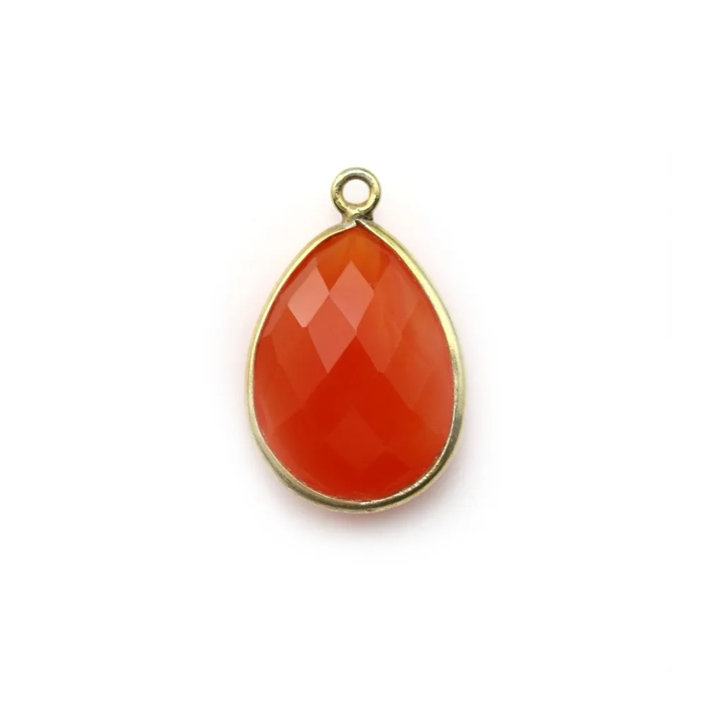 Cornaline goutte facettée sertie sur argent doré 13x17mm x 1pc