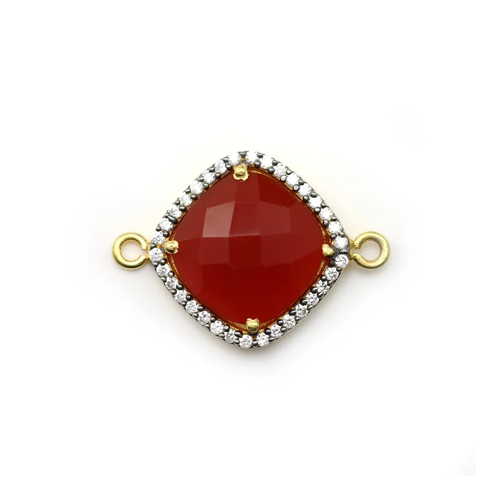 Cornaline rhombe sertie en argent doré avec zirconium 15mm x 1pc