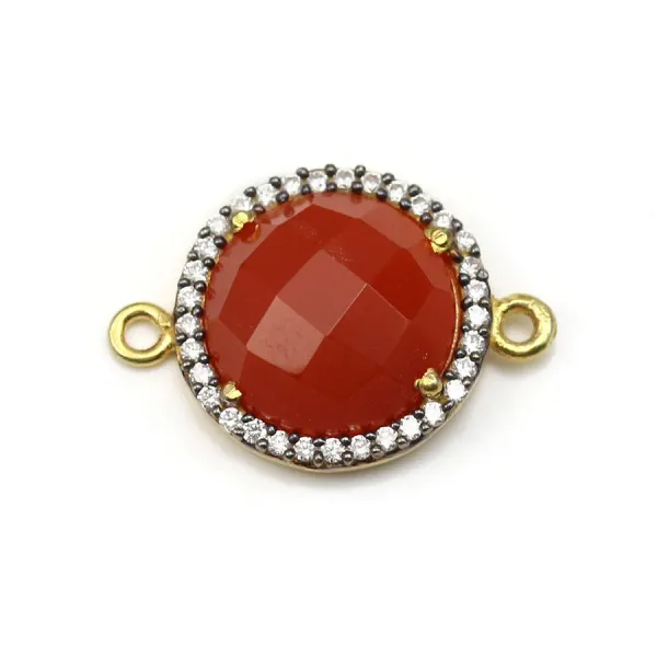 Cornaline ronde facette sertie en argent 925 doré à l'or fin avec zirconium15mm x 1pc