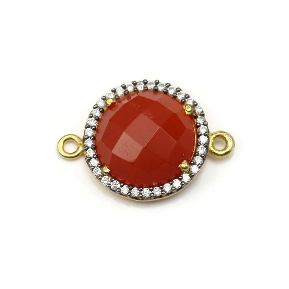 Cornaline ronde facette sertie en argent doré avec zirconium15mm x 1pc