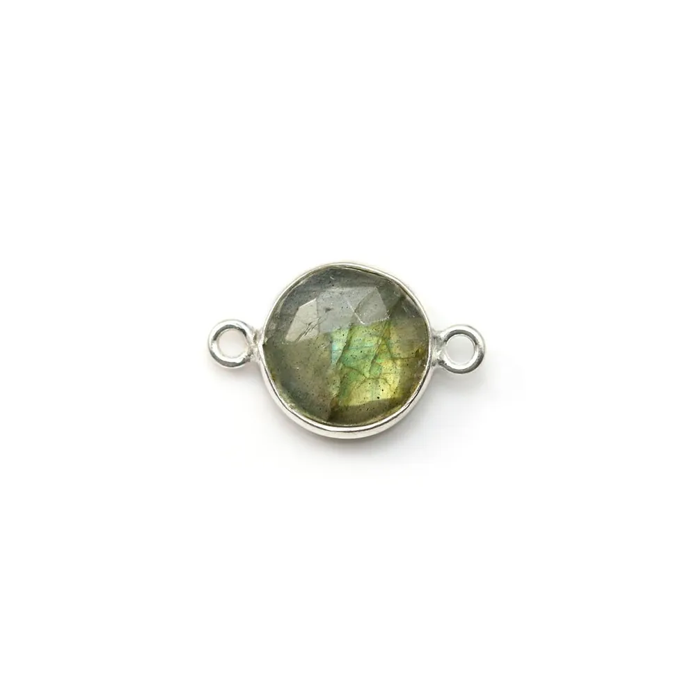Labradorite ronde sertie sur argent  avec 2 anneaux 9mm x 1pc