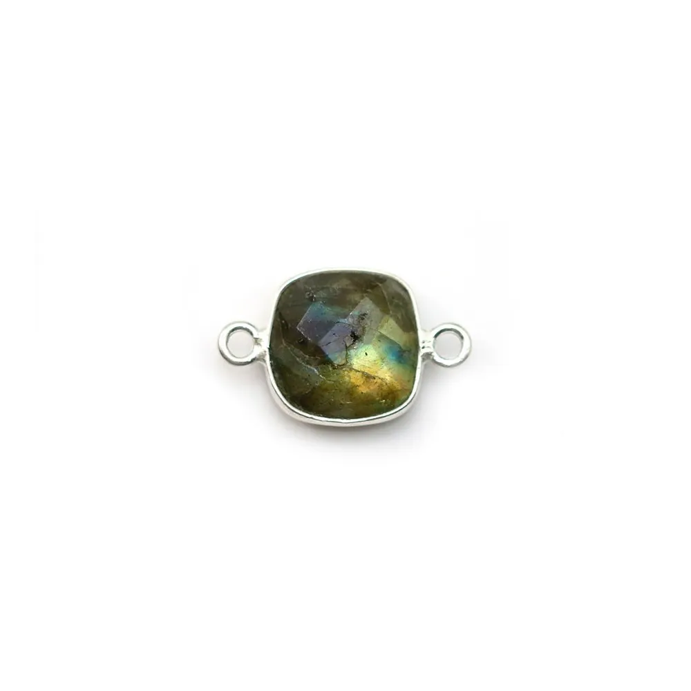 Labradorite coussin facette sertie sur argent 2 anneaux 9mm x 1pc