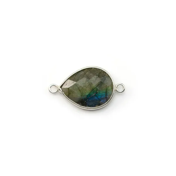Faceted labradorite drop set on silver 2 rings 11x21mm x 1pc