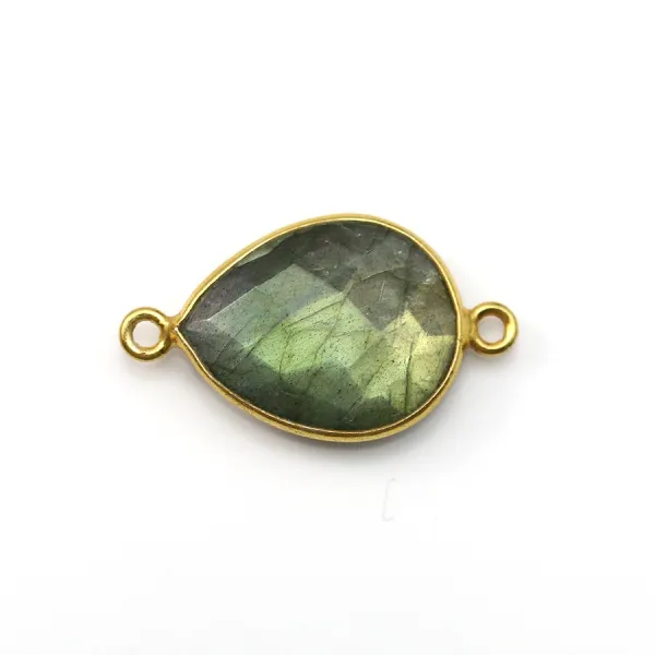 Faceted drop labradorite set on 925 silver gilded with fine gold 2 rings 13x23mm x 1pc