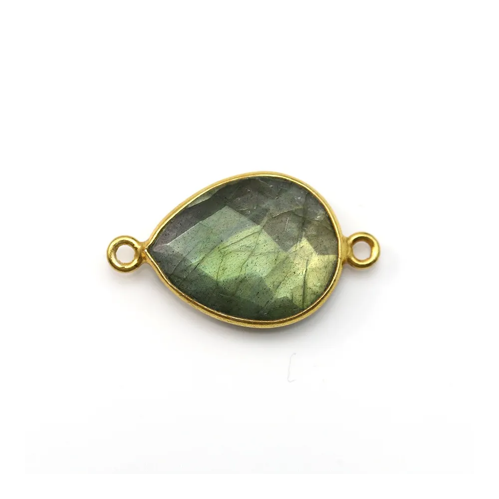 Labradorite goutte facette sertie sur argent 925 doré à l'or fin 2 anneaux 13x17mm x 1pc