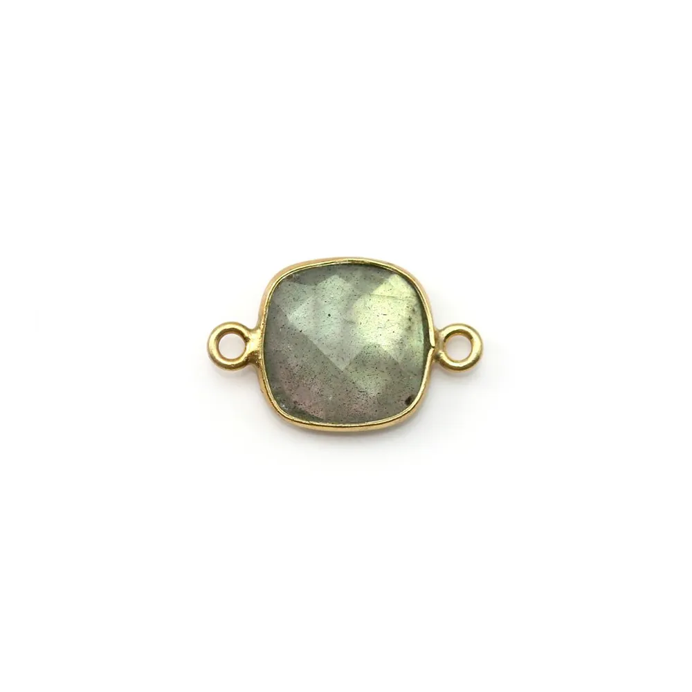 Labradorite coussin facette sertie sur argent doré 2 anneaux 9mm x 1pc