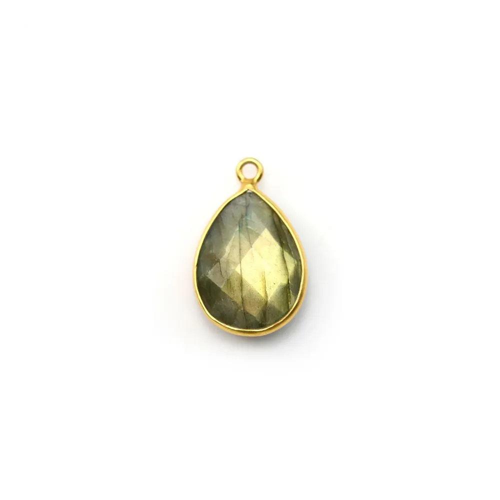 Labradorite goutte facette 1 anneau sertie sur argent doré 11x15mm x 1pc