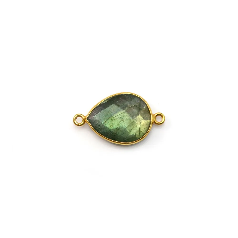 Labradorite goutte facette sertie sur argent 925 doré à l'or fin 2 anneaux 11x15mm x 1pc