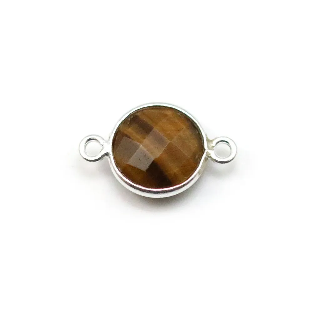 Oeil de tigre rond, 2 anneaux, serti sur argent, 11mm x 1pc