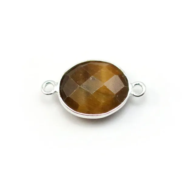Oeil de tigre de forme ovale, 2 anneaux, sertie sur argent, 11x13mm x 1pc