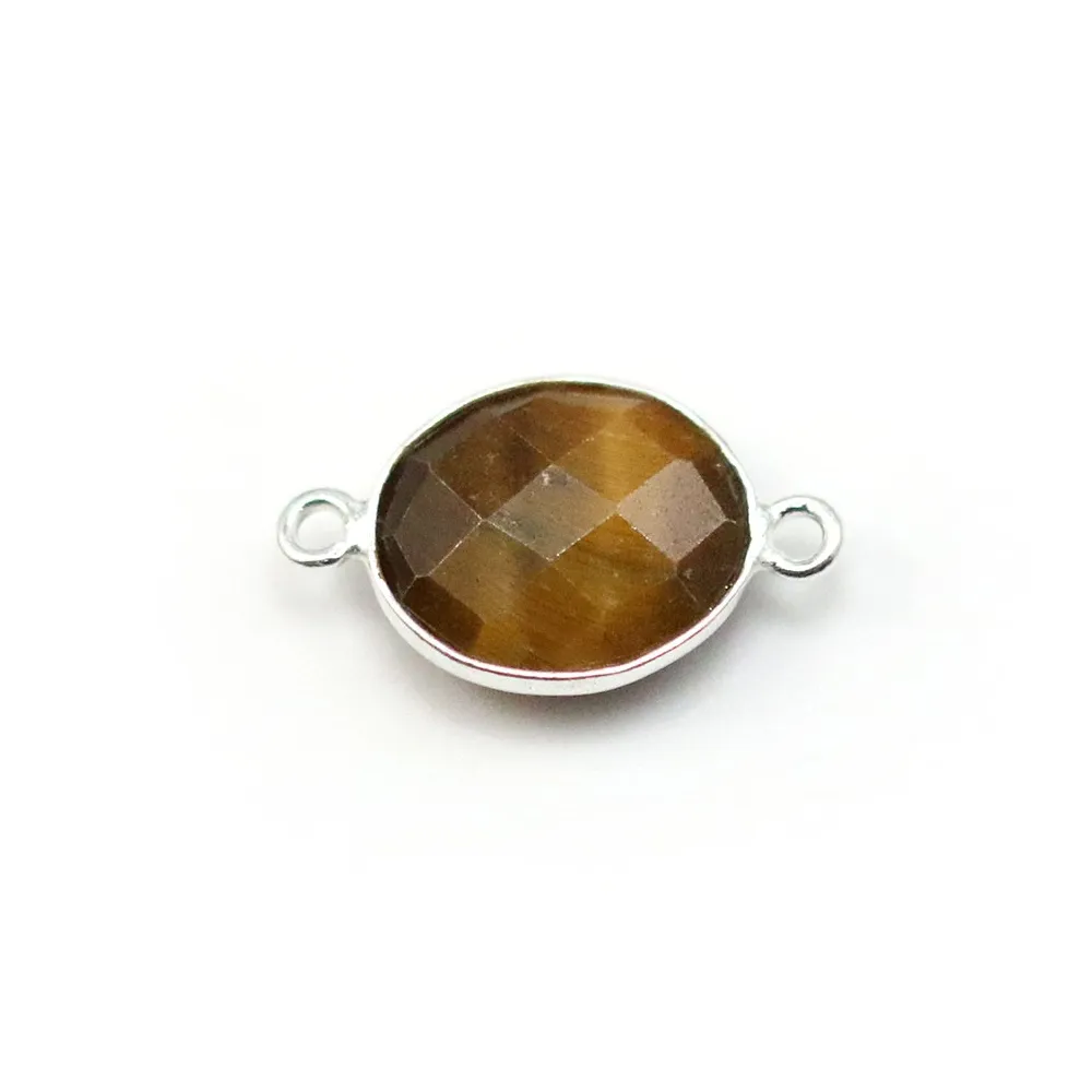 Oeil de tigre de forme ovale, 2 anneaux, sertie sur argent, 11x13mm x 1pc
