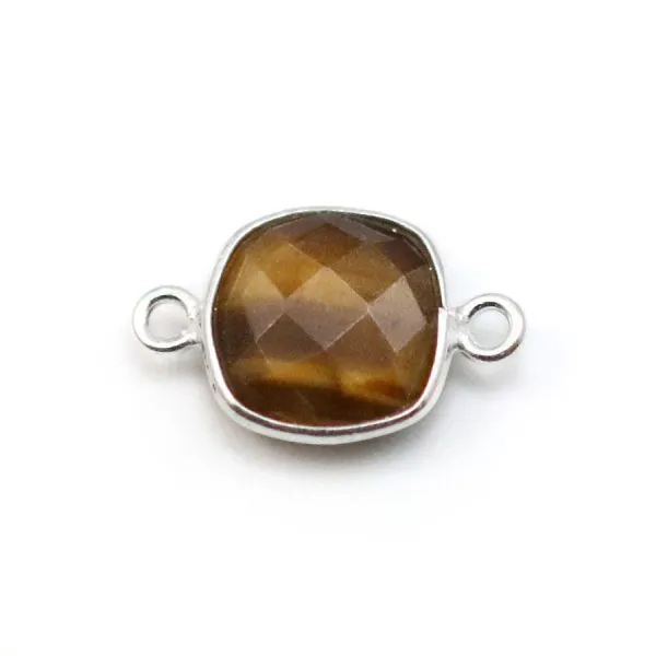 Oeil de tigre de forme carré, 2 anneaux, serti sur argent, 11mm x 1pc