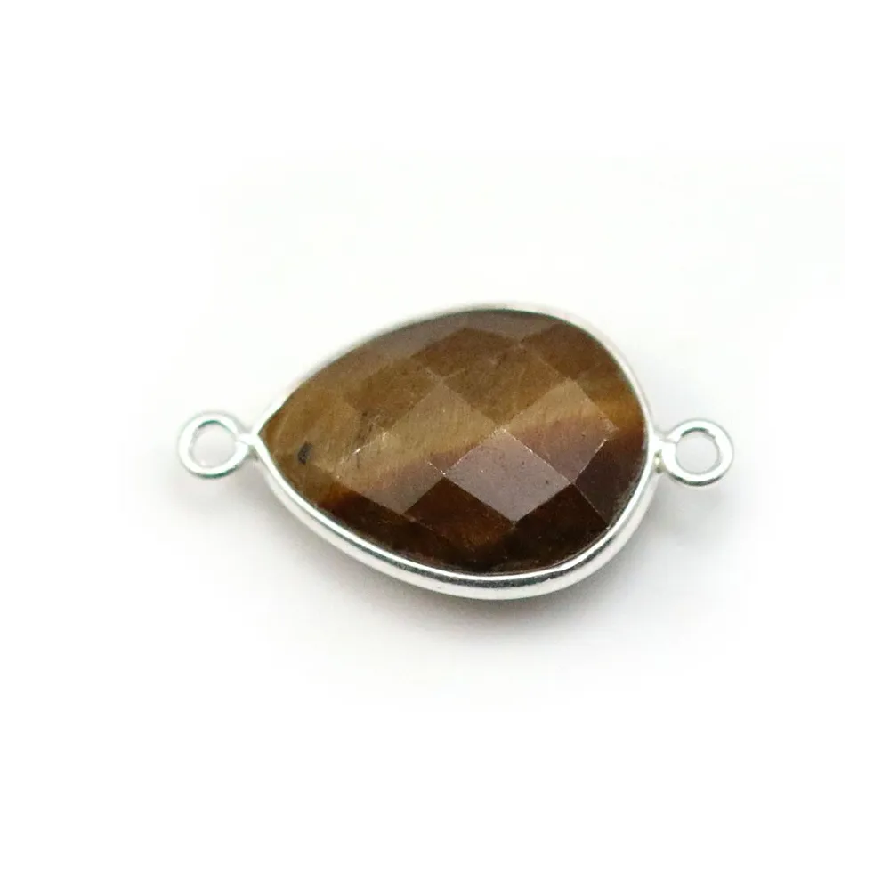 Oeil de tigre en goutte, 2 anneaux, serti sur argent, 13x17mmx 1pc