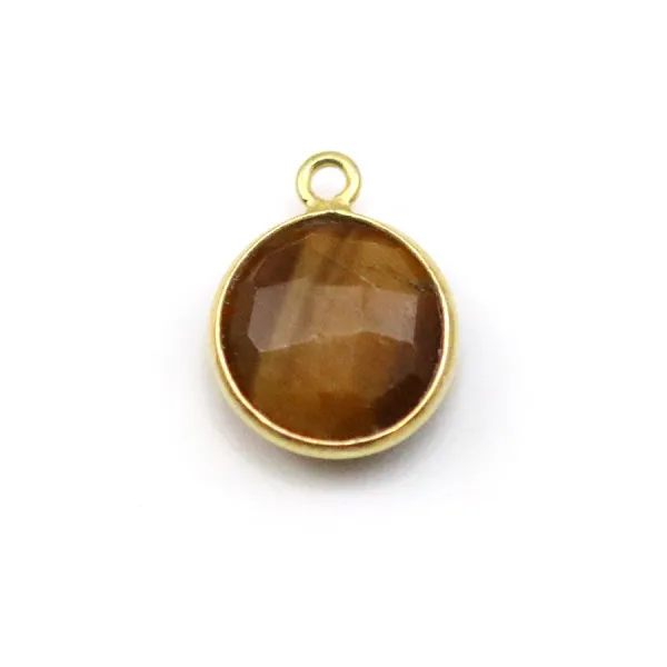 Oeil de tigre rond, 1 anneau serti sur argent doré, 11mm x 1pc