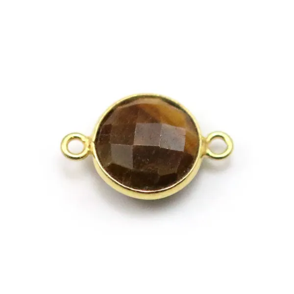 Oeil de tigre rond, 2 anneaux,  serti sur argent doré 11mm x 1pc