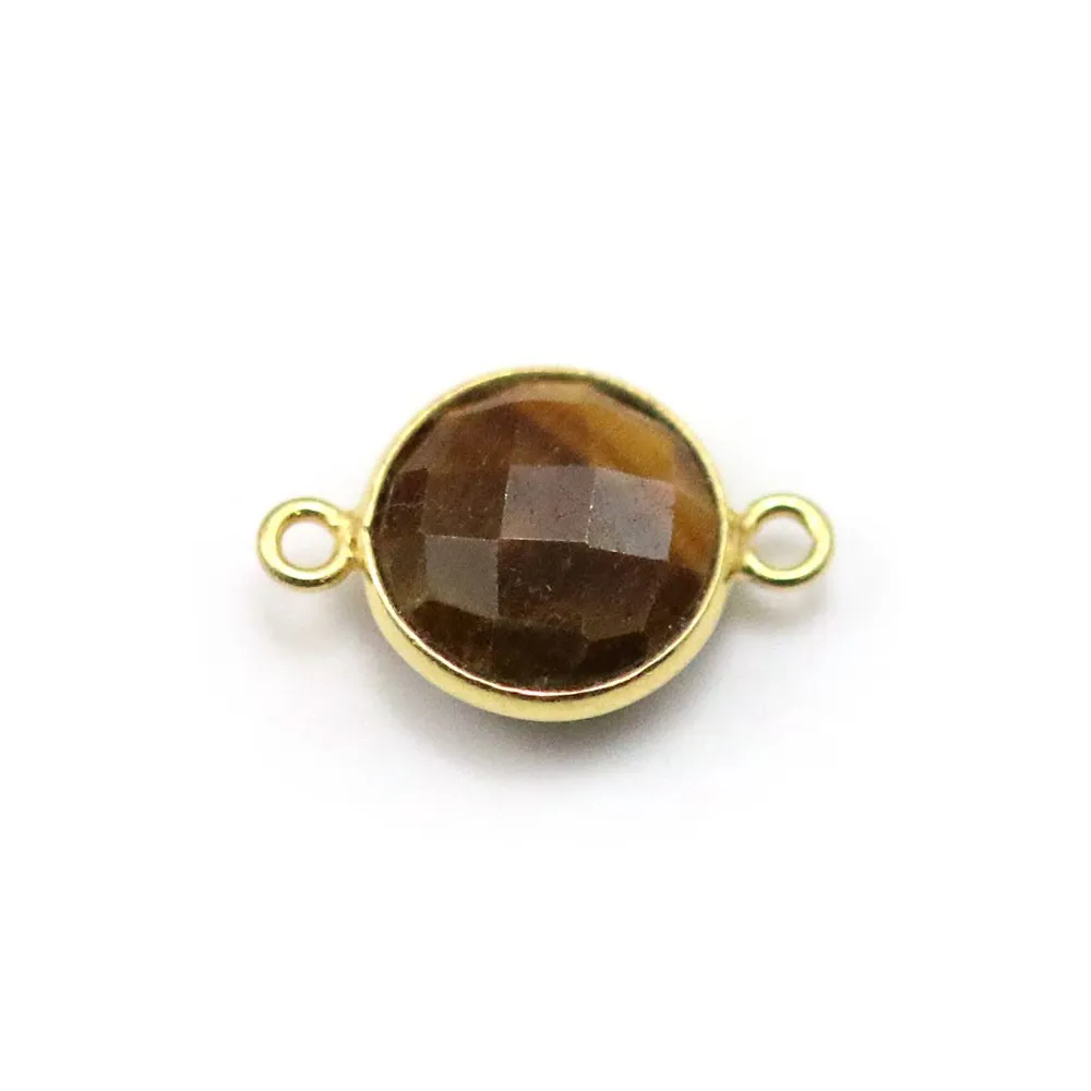 Oeil de tigre rond, 2 anneaux,  serti sur argent doré 11mm x 1pc