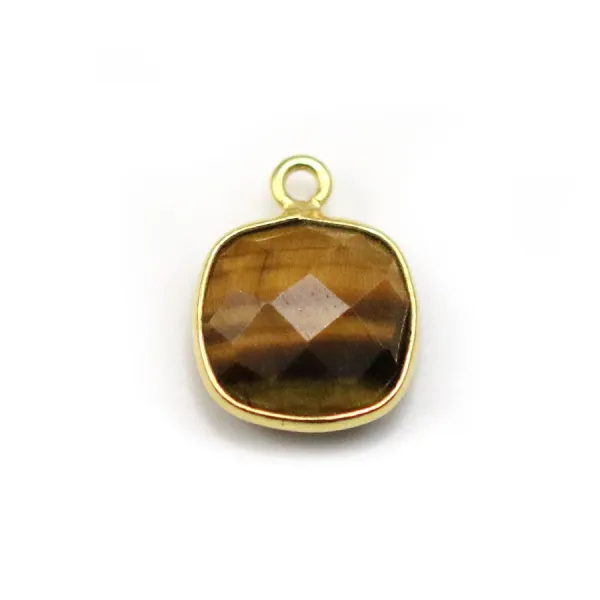 Oeil de tigre de forme carré, 1 anneau, serti sur argent doré 11mm x 1pc