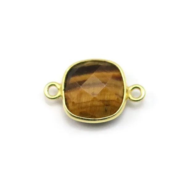 Oeil de tigre de forme carré, 2 anneaux, serti sur argent doré, 11mm x 1pc