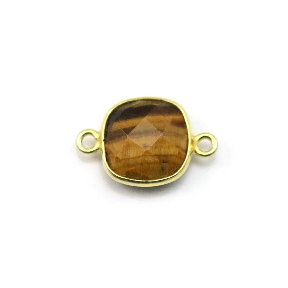 Oeil de tigre de forme carré, 2 anneaux, serti sur argent doré, 11mm x 1pc