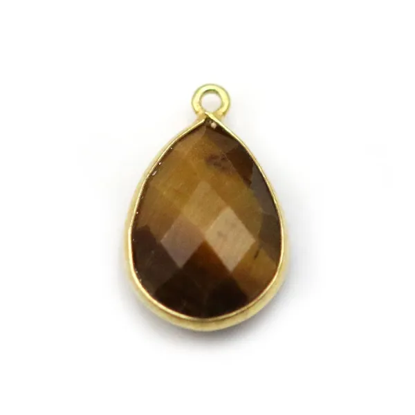 Oeil de tigre, goutte 1 anneau serti sur argent doré, 13x17mm x 1pc