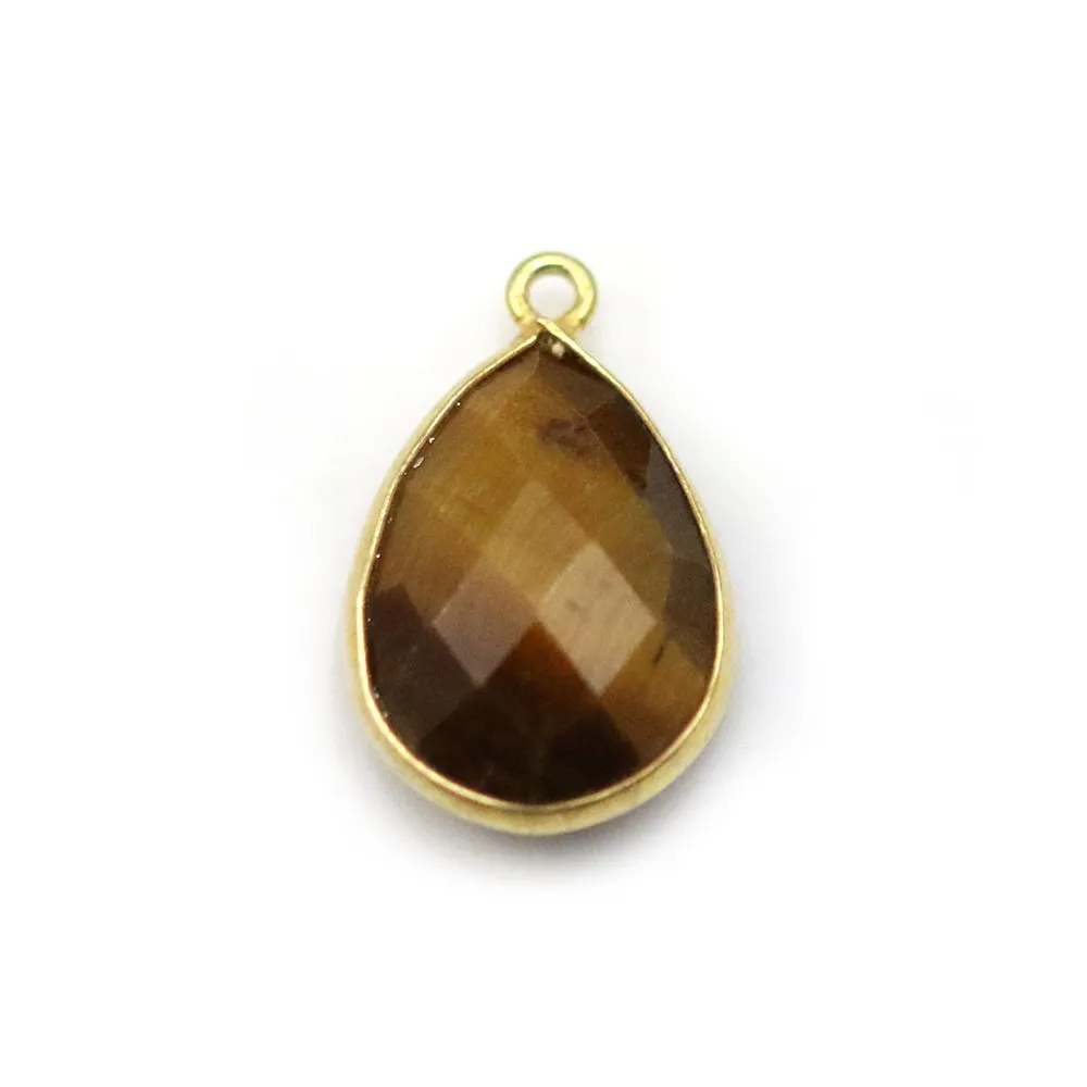 Oeil de tigre, goutte 1 anneau serti sur argent doré, 13x17mm x 1pc