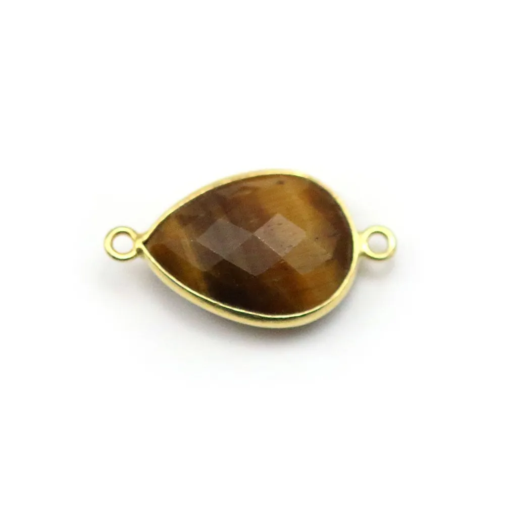 Oeil de tigre, goutte 2 anneaux serti sur argent 925 doré à l'or fin, 13x17mm x 1pc