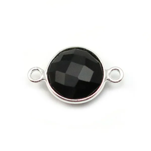 Agate noire ronde 2 anneaux serti en argent 925 x 1pc