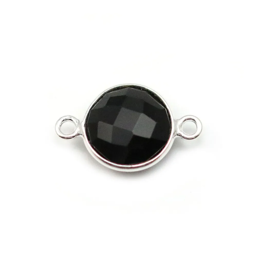Agate noire ronde 2 anneaux serti en argent 925 x 1pc