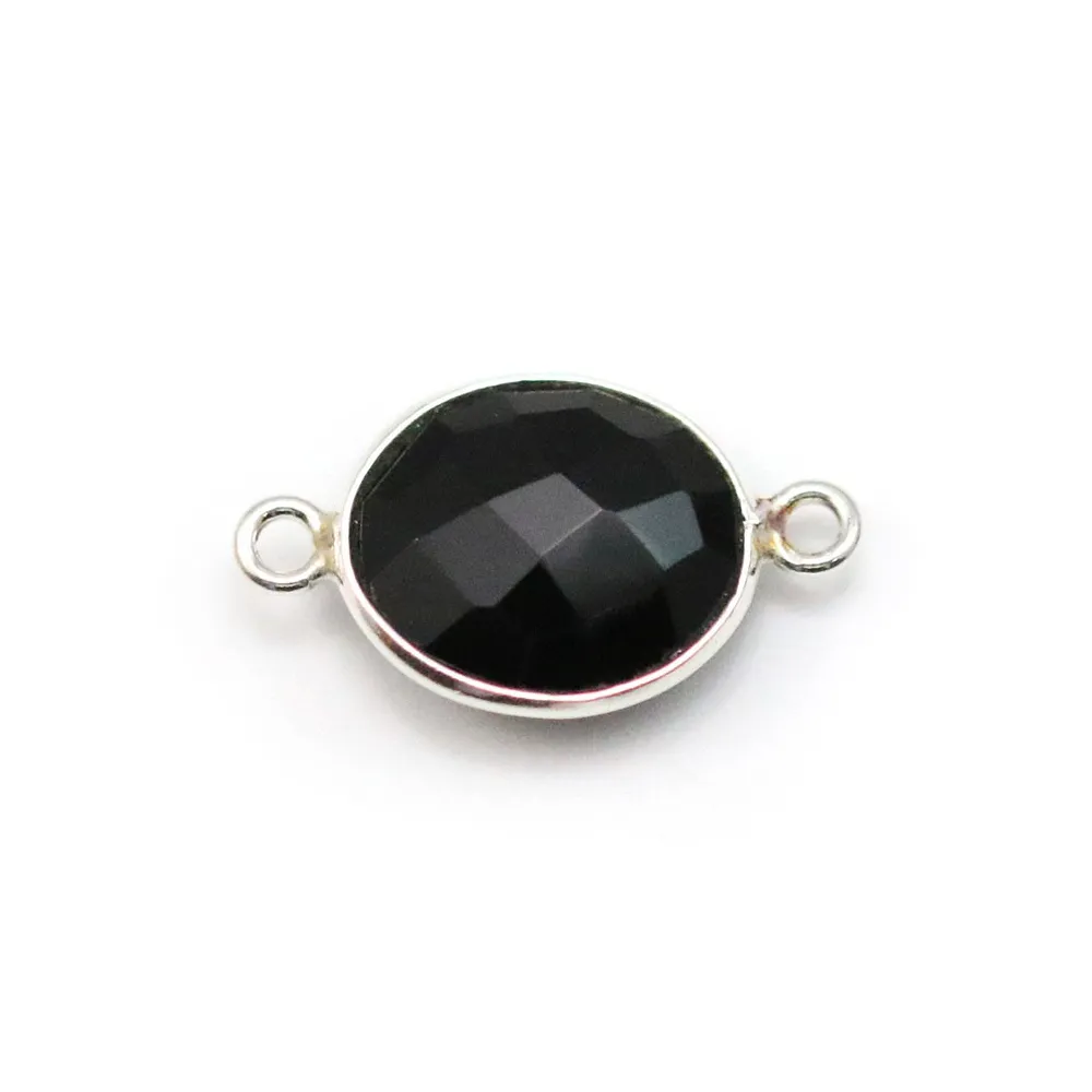 Agate noir de forme ovale, 2 anneaux, sertie en argent , 11x13mm x 1pc