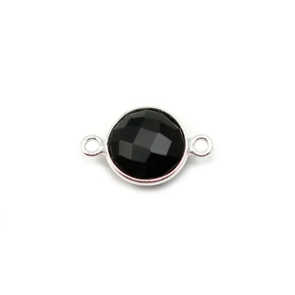 Agate noir de forme ronde, 2 anneaux sertie en argent 9mm x 1pc