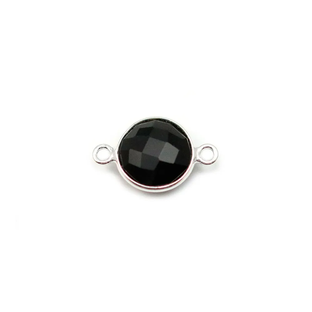 Agate noir de forme ronde, 2 anneaux sertie en argent 9mm x 1pc