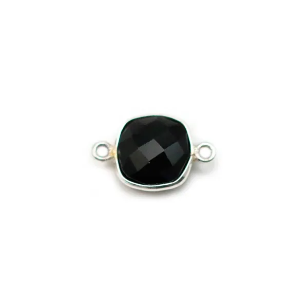 Agate in black color, in shape of square, 2 rings set in silver 9mm x 1pc