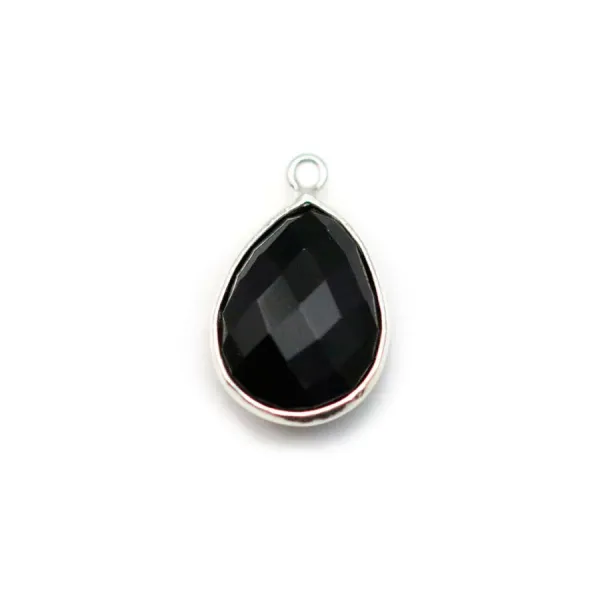 Agate noir en forme de goutte, 1 anneau, sertie en argent , 11x15mm x 1pc